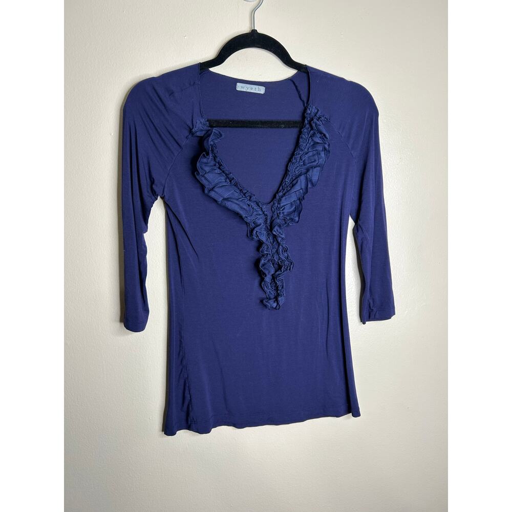 Wyeth Shirt Womens medium M Blue Ruffle V Neck 3/4 Sleeve top